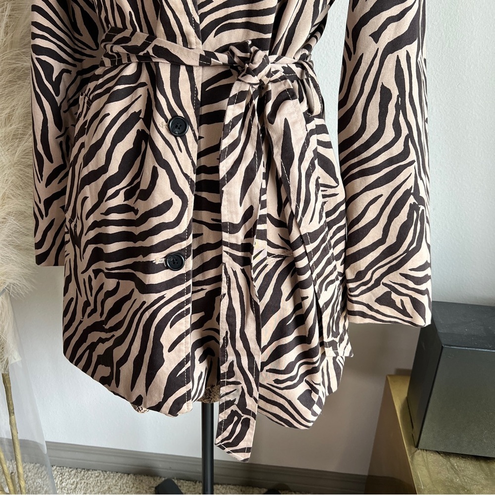 Vintage Chaps Black Tan Animal Zebra Print Trench Coat - Picture 9 of 14